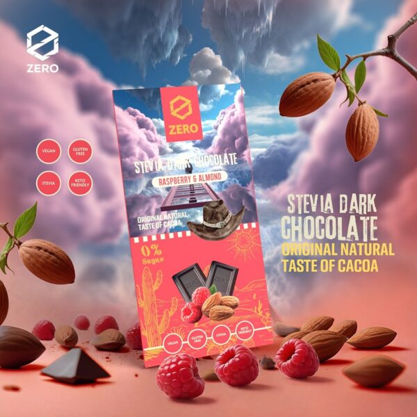 Zero Stevia Dark Chocolate With Raspberry & Almond 85g