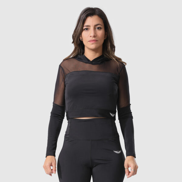 BLACK LONG SLEEVE CROP TOP HOODIE