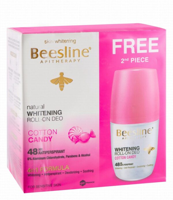 Beesline Apitherapy 48H Bundle Antiperspirant Whitening & Soothing Roll-On Deodorant Cotton Candy Scent with Alum Rock & Bee Propolis (1+1 Free) 2 x 50 ml