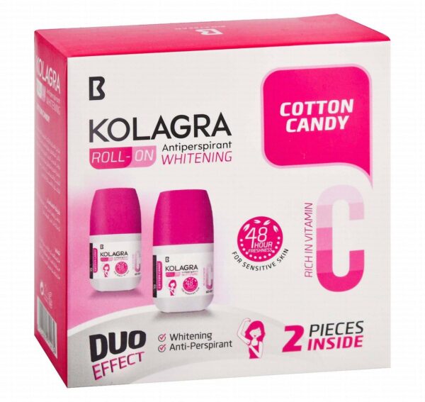 Kolagra Bundle 48H Antiperspirant Whitening Roll-On Deodorants Cotton Candy Scent with Vitamin C for Sensitive Skin 2 x 60 ml