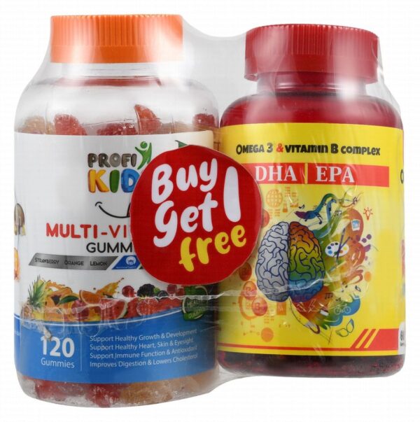 Profi Kids Multivitamin Gummy Fruit Flavor (120pcs) & Cervello Kids 500mg Omega 3 Gummy Supplements Chocolate Flavor (60pcs) (1+1 Free)