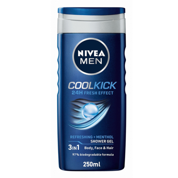 NIVEA Men Cool Kick 3in1 Refreshing Shower Gel with Menthol for Body, Face & Hair 250 ml