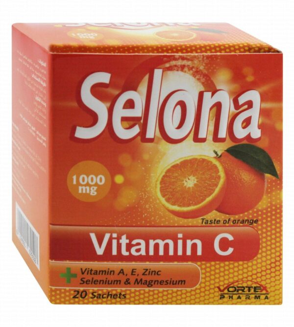 Selona 1000mg Vitamin C Supplement Sachets Orange Flavor with Vitamin A, E, Zinc, Selenium & Magnesium 20 per pack